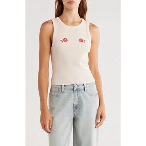 Hi Res Rose Embroidered Tank Top Size Medium Pink Ribbed 90s Fairy Grunge